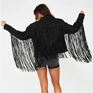 Levi’s - ex-boyfriend fringe trucker jacket - black - size S
